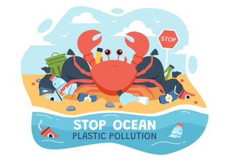 Stop Ocean Plastic Pollution Vector Illustration with Trash Under the Sea like a Waste Bags and Bottles, Harming the Ecosystem of Fish and Coral Reefsのイラスト素材