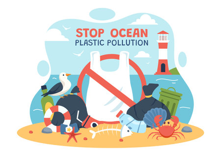 Stop Ocean Plastic Pollution Vector Illustration with Trash Under the Sea like a Waste Bags and Bottles, Harming the Ecosystem of Fish and Coral Reefsのイラスト素材