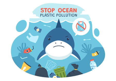 Stop Ocean Plastic Pollution Vector Illustration with Trash Under the Sea like a Waste Bags and Bottles, Harming the Ecosystem of Fish and Coral Reefsのイラスト素材