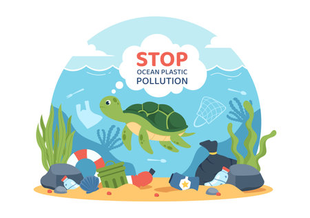 Stop Ocean Plastic Pollution Vector Illustration with Trash Under the Sea like a Waste Bags and Bottles, Harming the Ecosystem of Fish and Coral Reefsのイラスト素材