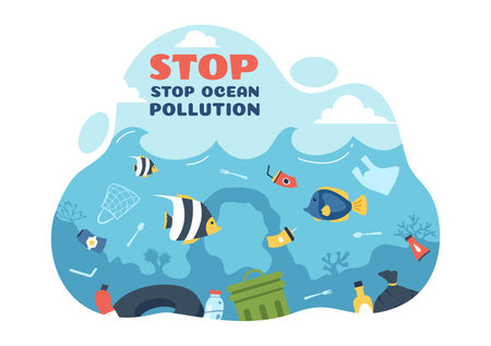 Stop Ocean Plastic Pollution Vector Illustration with Trash Under the Sea like a Waste Bags and Bottles, Harming the Ecosystem of Fish and Coral Reefsのイラスト素材