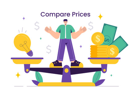 Vector Illustration of Comparing Prices and Inflation in the Economy, Showing Scales with Prices and Goods Values in a Flat Style Cartoon Backgroundのイラスト素材