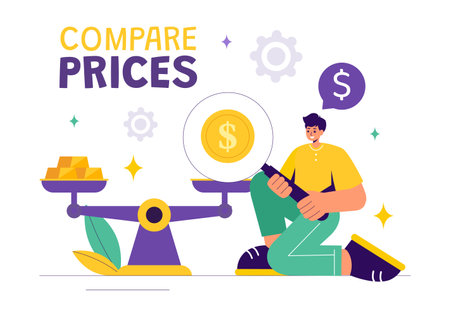 Vector Illustration of Comparing Prices and Inflation in the Economy, Showing Scales with Prices and Goods Values in a Flat Style Cartoon Backgroundのイラスト素材