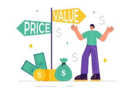Vector Illustration of Comparing Prices and Inflation in the Economy, Showing Scales with Prices and Goods Values in a Flat Style Cartoon Backgroundのイラスト素材