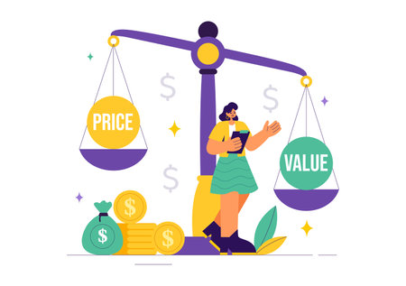 Vector Illustration of Comparing Prices and Inflation in the Economy, Showing Scales with Prices and Goods Values in a Flat Style Cartoon Backgroundのイラスト素材