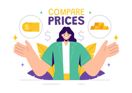Vector Illustration of Comparing Prices and Inflation in the Economy, Showing Scales with Prices and Goods Values in a Flat Style Cartoon Backgroundのイラスト素材