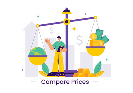 Vector Illustration of Comparing Prices and Inflation in the Economy, Showing Scales with Prices and Goods Values in a Flat Style Cartoon Backgroundのイラスト素材