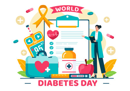 World Diabetes Day Vector Illustration on 14 November with Doctors Testing Blood for Glucose and Measuring Sugar in a Flat Style Cartoon Backgroundのイラスト素材