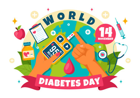 World Diabetes Day Vector Illustration on 14 November with Doctors Testing Blood for Glucose and Measuring Sugar in a Flat Style Cartoon Backgroundのイラスト素材