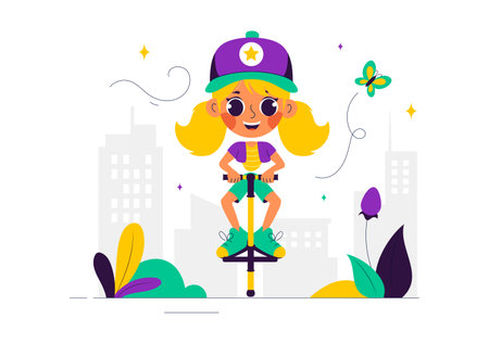 XPogo Stick Jumping Sport Vector Illustration in Outdoor Playful Scene in a Flat Style Cartoon Backgroundのイラスト素材