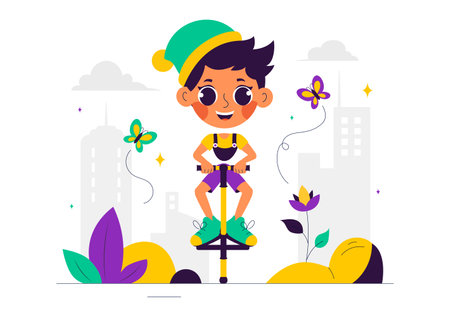 XPogo Stick Jumping Sport Vector Illustration in Outdoor Playful Scene in a Flat Style Cartoon Backgroundのイラスト素材