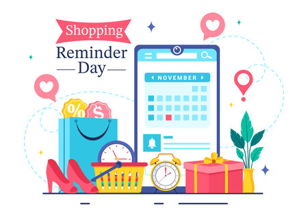 Shopping Reminder Day Vector Illustration for 26th November, featuring a Paper Bag and Items in a National Holiday Flat Style Cartoon Backgroundのイラスト素材