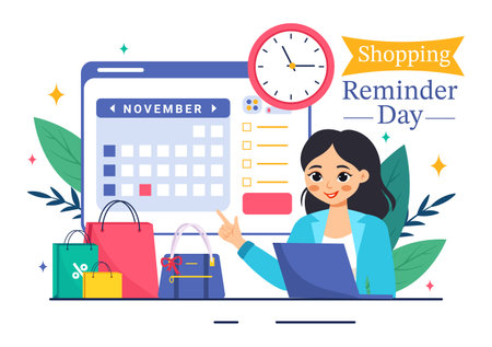 Shopping Reminder Day Vector Illustration for 26th November, featuring a Paper Bag and Items in a National Holiday Flat Style Cartoon Backgroundのイラスト素材