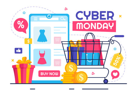 Cyber Monday Event Vector Illustration with Super Sale and Big Discount Purchases Goods in Paper Bags for Promotions in a Flat Style Cartoon Backgroundのイラスト素材