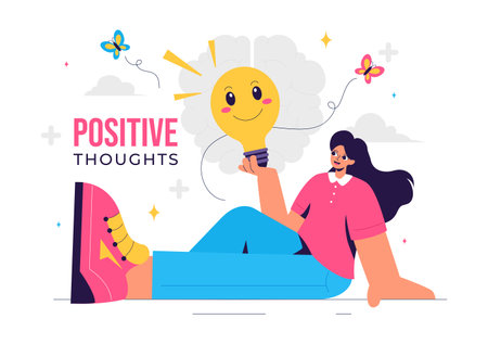Positive Thoughts Vector Illustration featuring a Positive Mindset Symbolizing Creativity and Dreams in a Flat Style Cartoon Backgroundのイラスト素材