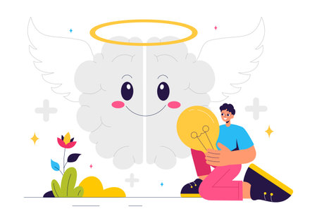 Positive Thoughts Vector Illustration featuring a Positive Mindset Symbolizing Creativity and Dreams in a Flat Style Cartoon Backgroundのイラスト素材