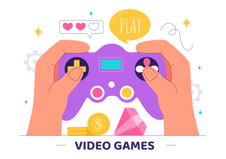 Video Games Vector Illustration with Programmers Playing Gamepad Controllers in Console Fights on Android, Mobile, and Computer in a Flat Backgroundのイラスト素材
