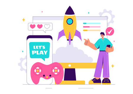 Video Games Vector Illustration with Programmers Playing Gamepad Controllers in Console Fights on Android, Mobile, and Computer in a Flat Backgroundのイラスト素材