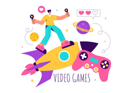 Video Games Vector Illustration with Programmers Playing Gamepad Controllers in Console Fights on Android, Mobile, and Computer in a Flat Backgroundのイラスト素材