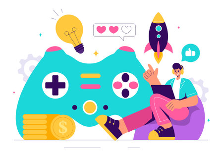 Video Games Vector Illustration with Programmers Playing Gamepad Controllers in Console Fights on Android, Mobile, and Computer in a Flat Backgroundのイラスト素材