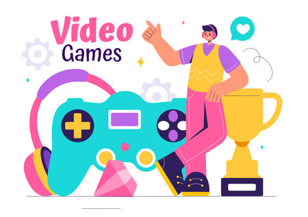 Video Games Vector Illustration with Programmers Playing Gamepad Controllers in Console Fights on Android, Mobile, and Computer in a Flat Backgroundのイラスト素材