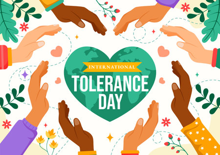 International Day of Tolerance Vector Illustration Featuring Diverse Skin Tone Hands Joined Together for Human Solidarity in a Flat Backgroundのイラスト素材
