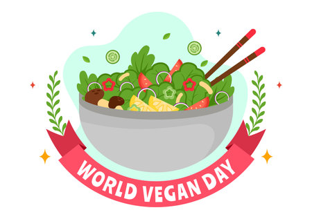 World Vegan Day Vector Illustration featuring a Variety of Vegetables and Fruits to Celebrate the Vegan Lifestyle in a Flat Style Cartoon Backgroundのイラスト素材