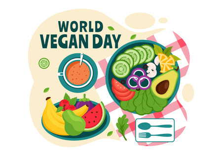 World Vegan Day Vector Illustration featuring a Variety of Vegetables and Fruits to Celebrate the Vegan Lifestyle in a Flat Style Cartoon Backgroundのイラスト素材