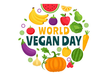 World Vegan Day Vector Illustration featuring a Variety of Vegetables and Fruits to Celebrate the Vegan Lifestyle in a Flat Style Cartoon Backgroundのイラスト素材