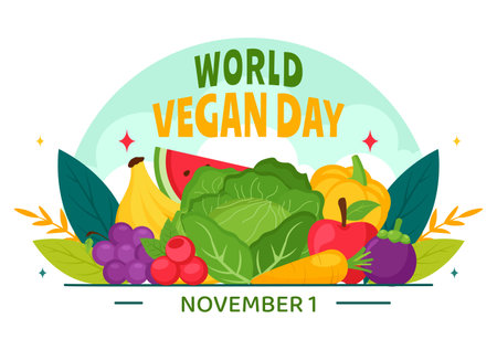 World Vegan Day Vector Illustration featuring a Variety of Vegetables and Fruits to Celebrate the Vegan Lifestyle in a Flat Style Cartoon Backgroundのイラスト素材