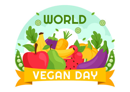 World Vegan Day Vector Illustration featuring a Variety of Vegetables and Fruits to Celebrate the Vegan Lifestyle in a Flat Style Cartoon Backgroundのイラスト素材