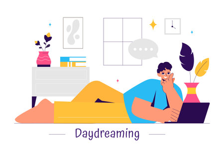 Vector Illustration of People Daydreaming, Imagining, and Fantasizing in Thought Bubbles in a Flat Style Cartoon Backgroundのイラスト素材