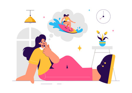 Vector Illustration of People Daydreaming, Imagining, and Fantasizing in Thought Bubbles in a Flat Style Cartoon Backgroundのイラスト素材