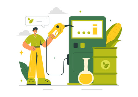 Biofuel Life Cycle of Natural Materials and Plants with Green Barrels and Biogas Production Energy in a Flat Cartoon Background Vector Illustrationのイラスト素材