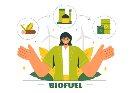 Biofuel Life Cycle of Natural Materials and Plants with Green Barrels and Biogas Production Energy in a Flat Cartoon Background Vector Illustrationのイラスト素材