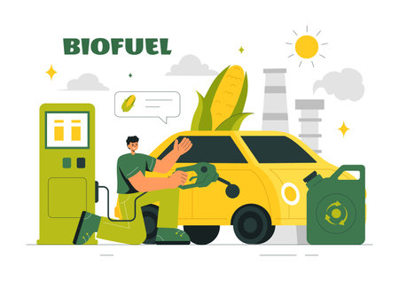 Biofuel Life Cycle of Natural Materials and Plants with Green Barrels and Biogas Production Energy in a Flat Cartoon Background Vector Illustrationのイラスト素材
