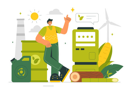 Biofuel Life Cycle of Natural Materials and Plants with Green Barrels and Biogas Production Energy in a Flat Cartoon Background Vector Illustrationのイラスト素材