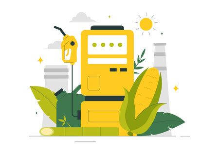 Biofuel Life Cycle of Natural Materials and Plants with Green Barrels and Biogas Production Energy in a Flat Cartoon Background Vector Illustrationのイラスト素材