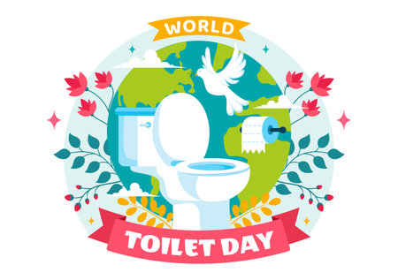 World Toilet Day Vector Illustration on November 19, featuring Earth and Bathroom Hygiene Equipment for Awareness in a Flat Style Cartoon Backgroundのイラスト素材