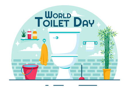 World Toilet Day Vector Illustration on November 19, featuring Earth and Bathroom Hygiene Equipment for Awareness in a Flat Style Cartoon Backgroundのイラスト素材