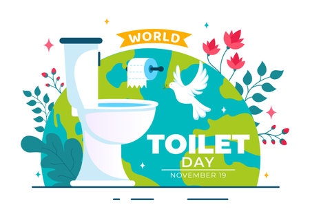 World Toilet Day Vector Illustration on November 19, featuring Earth and Bathroom Hygiene Equipment for Awareness in a Flat Style Cartoon Backgroundのイラスト素材
