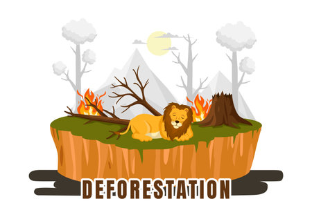 Deforestation Vector Illustration featuring a Felled Forest with Trees Burning, Creating Pollution and Leading to the Extinction of Animalsのイラスト素材