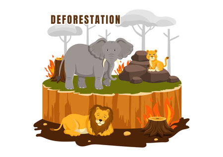 Deforestation Vector Illustration featuring a Felled Forest with Trees Burning, Creating Pollution and Leading to the Extinction of Animalsのイラスト素材