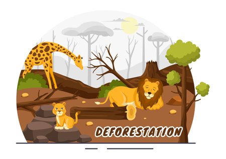 Deforestation Vector Illustration featuring a Felled Forest with Trees Burning, Creating Pollution and Leading to the Extinction of Animalsのイラスト素材