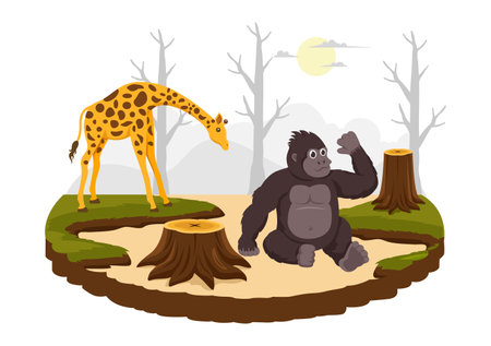 Deforestation Vector Illustration featuring a Felled Forest with Trees Burning, Creating Pollution and Leading to the Extinction of Animalsのイラスト素材