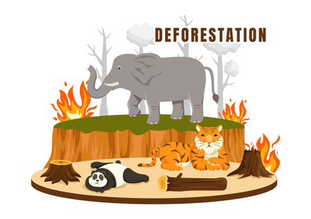Deforestation Vector Illustration featuring a Felled Forest with Trees Burning, Creating Pollution and Leading to the Extinction of Animalsのイラスト素材