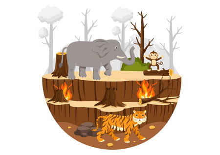 Deforestation Vector Illustration featuring a Felled Forest with Trees Burning, Creating Pollution and Leading to the Extinction of Animalsのイラスト素材