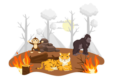 Deforestation Vector Illustration featuring a Felled Forest with Trees Burning, Creating Pollution and Leading to the Extinction of Animalsのイラスト素材