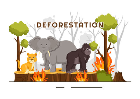 Deforestation Vector Illustration featuring a Felled Forest with Trees Burning, Creating Pollution and Leading to the Extinction of Animalsのイラスト素材