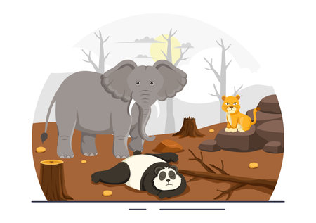 Deforestation Vector Illustration featuring a Felled Forest with Trees Burning, Creating Pollution and Leading to the Extinction of Animalsのイラスト素材